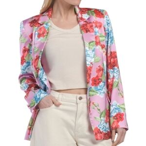 Rachel Zoe Women Satin Purple Floral Print Longsleeve Blazer Jacker Size Medium